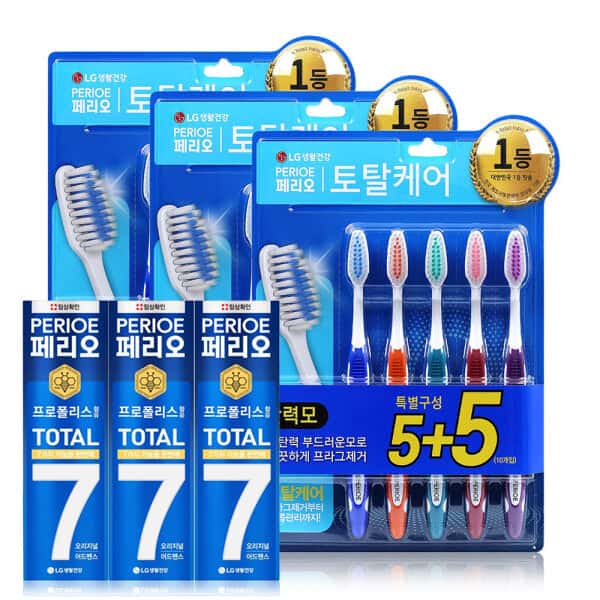 상품 01. 페리오 토탈 케어 탄력모 칫솔 10입 3세트+토탈7 오리지널 치약 120g 3개