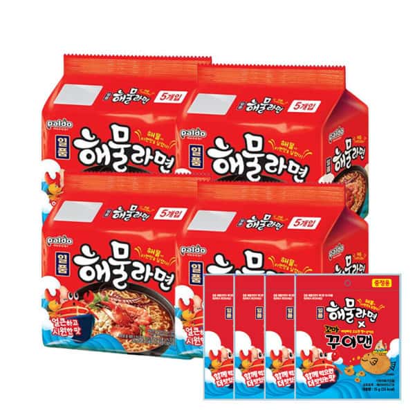 일품 해물라면 120g x 5개 X 4번들 + 꾸이맨 4개 증정