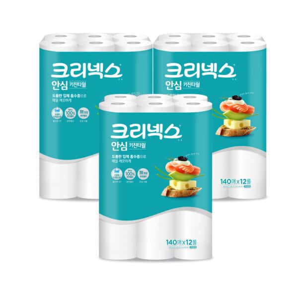 크리넥스 안심 클래식 키친타올 140매X12롤 3팩(36롤)