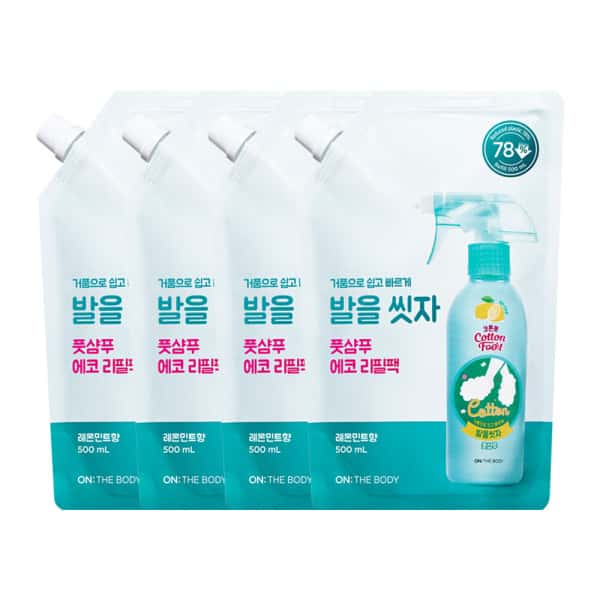 상품 01. (대용량 리필) 온더바디 코튼풋 발을씻자 풋샴푸 레몬향 리필 500ml 4개