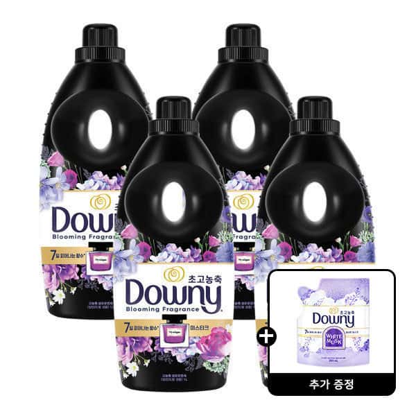 다우니 퍼퓸 블랙 미스티크 향 1L 4개 +다우니 화이트 머스크 200mL 1개