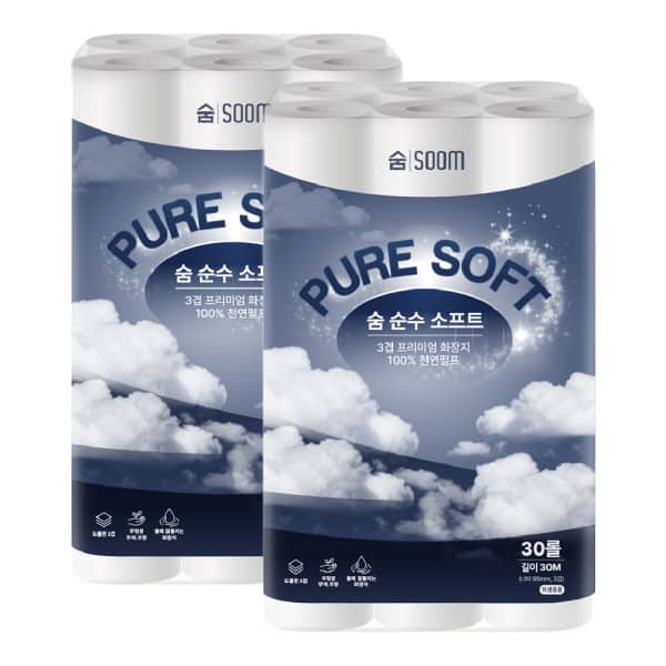 숨 순수 소프트 3겹 30m 30롤 2팩 100% 천연펄프 무형광 화장지 대용량 구성 가정용 업소용 추천